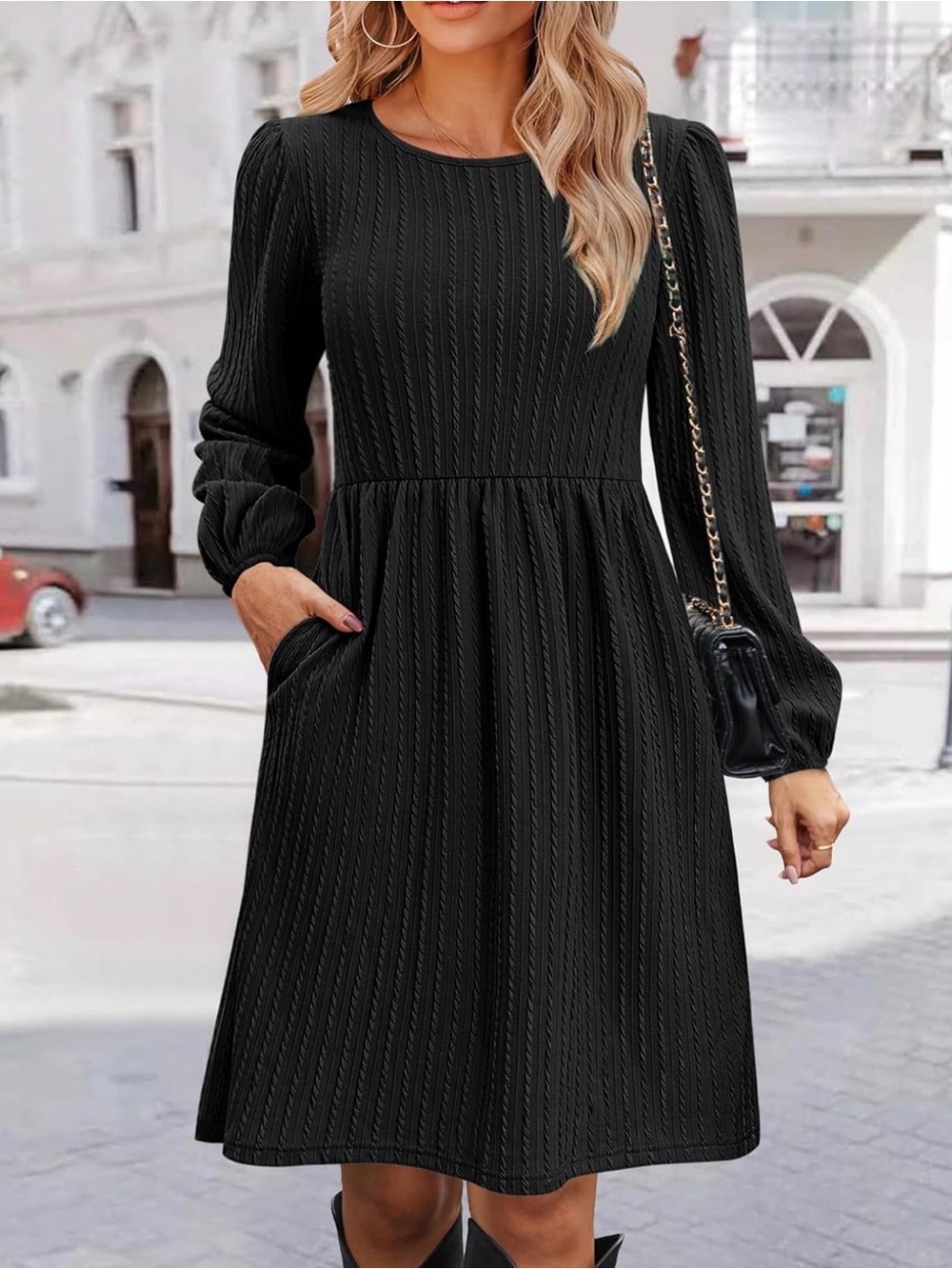 zeagoo Black Long Sleeve Fit & Flare Knit Dress